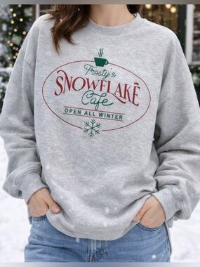 Snowflake Cafe Winter Graphic Sweatshirt Gray Christmas Holiday Cozy Pullover